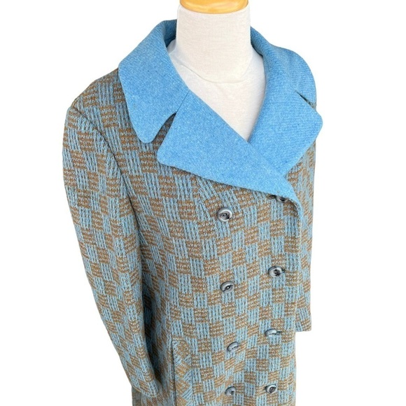 Vintage Checkerboard Plaid Tweed Double Breasted Wool Coat Blue Tan Satin Lined - Picture 2 of 16